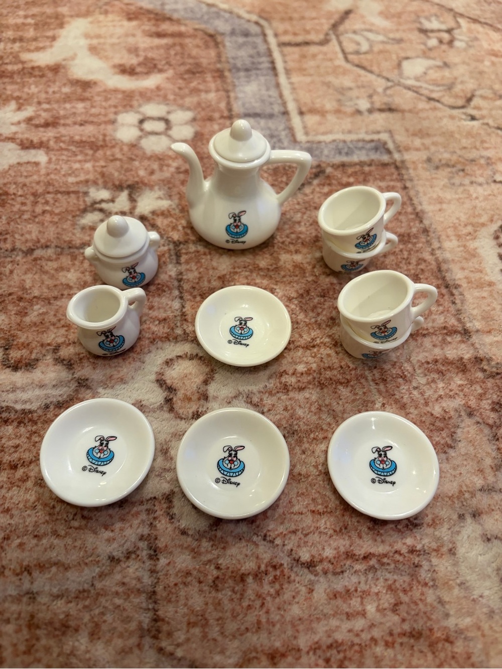 3/$15 Disney White Plastic Bunny Miniature Tea Set with Alice in Wonderland Bunn